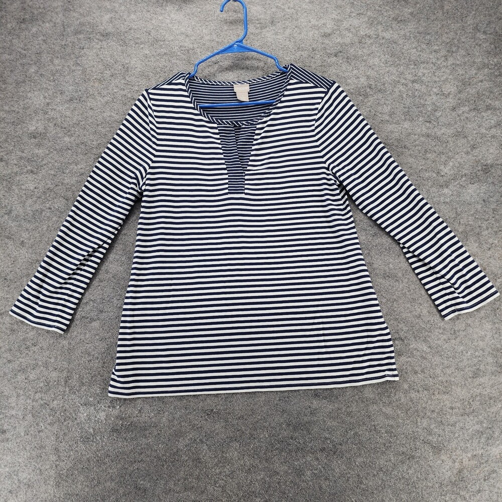 Chicos Shirt Womens 1 US Medium V Neck 3/4 Sleeve Blue Striped